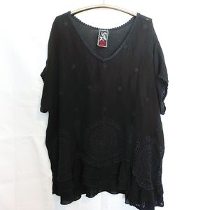 Johnny Was Embroidered Eyelet Boho Top Black XXL